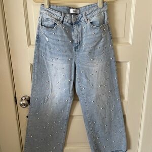Stylish Light Blue Straight Leg Jeans with Pearl Accents